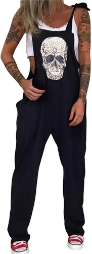 Vista 42 de PAODIKUAI Overol casual con estampado de calavera para mujer, overol suelto con bolsillos
