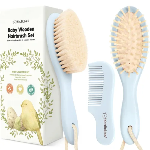 Vista 14 de Juego de cepillo y peine para cabello de bebé para recién nacidos - Juego de cepillos de madera para cabello de bebé con cerdas suaves de cabra