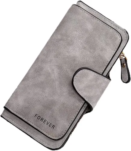 Vista 5 de Cartera pequeña de cuero para mujer con bloqueo RFID y ventana para identificación, Gris oscuro, Classic