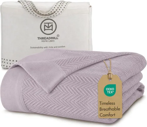 Vista 11 de Threadmill - Mantas de algodón de lujo para cama tamaño individual Manta 100% algodón para todas las estaciones para cama individual Manta Beige