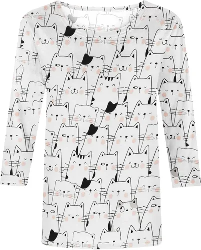 Vista 4 de Camiseta de verano a la moda para mujer, manga 34, cuello redondo, linda camiseta gráfica de gato y perro, blusa elegante casual ajustada