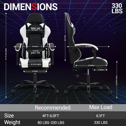 Vista 3 de Silla de juegos con reposapiés para adultos, silla de videojuegos de piel sintética con soporte lumbar de masaje para hombres y mujeres, silla