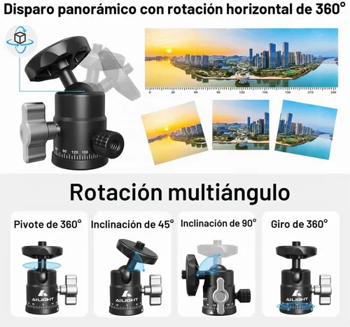 Vista 2 de Ailight Mini cabeza de bola, cabezal de trípode panorámico de 360°, adaptador de tornillo universal de 1/4 a 3/8 pulgadas, soporte de trípode