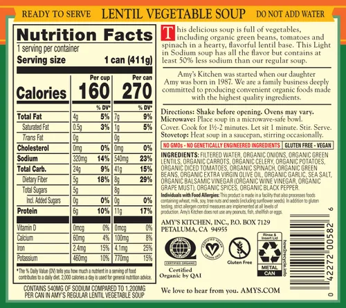 Vista 2 de Amy’s - Sopa vegana ligera en sodio con lentejas y verduras, sin gluten, hecha con verduras orgánicas, sopa enlatada, 14.5 oz (paquete de 12)