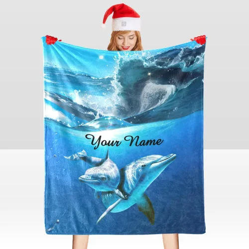 Vista 5 de Manta personalizada con nombre y texto, manta de forro polar súper suave personalizada de delfines para sofá, cama (50 x 60 pulgadas)