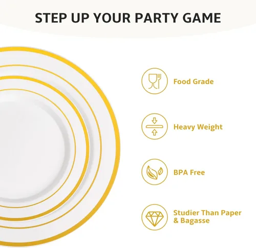 Vista 3 de AOZITA Juego de 200 piezas de platos de plástico dorados, platos desechables resistentes para fiesta y boda, incluye 100 platos de cena y 100 platos