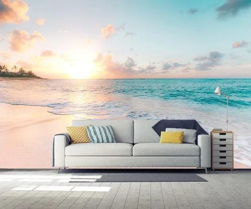 Vista 10 de Reyhui - Papel tapiz con imagen de palmera, paraíso tropical, playa, paisaje marino, para paredes de dormitorio, sala de estar, fondo de televisión