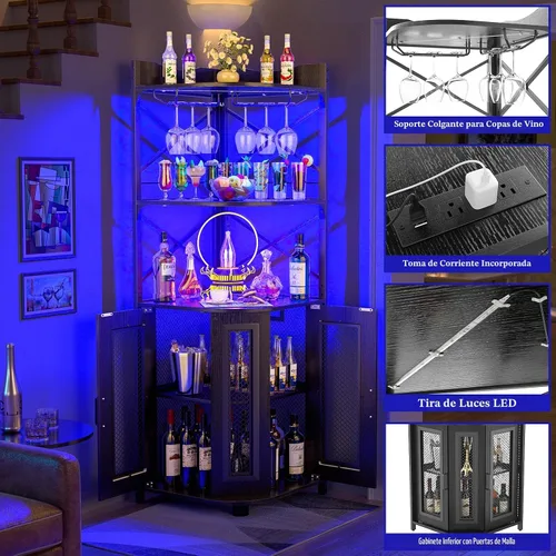 Vista 4 de Aheaplus Gabinete Bar de Esquina con Toma de Corriente, Gabinete de Vino Industrial con Tira LED y Portavasos, Gabinetes de Licores de 5 Niveles