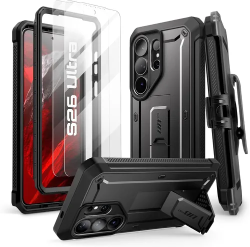 Vista 13 de SUPCASE - Funda para Samsung Galaxy S25 Ultra con protector de pantalla, color negro 2 Front Frames, Built-in Stand & Belt-Clip, Military-Grade