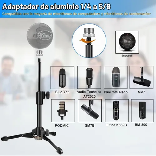 Vista 6 de Soporte de micrófono, trípode de micrófono de mesa, soporte de micrófono de escritorio con altura ajustable, soporte de micrófono pequeño