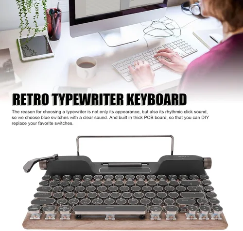 Vista 4 de Yoidesu Mechanical Keyboard, Bluetooth 5.0 Computer Keyboards with 84 Key Blue Switches, Punk Round Keycap, RGB Backlight, Retro Typewriter