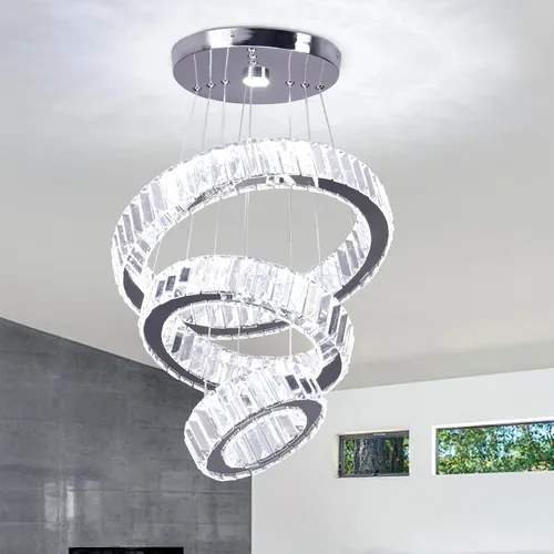 Vista 9 de CLAIRDAI Candelabros de Cristal Modernos Ajustables de Cristal de 3 Anillos Lámpara de Techo LED Candelabros LED para Comedor Dormitorio Sala