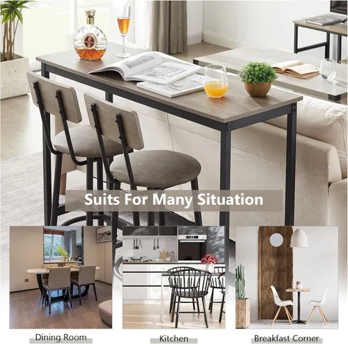 Vista 5 de Juego de mesa y silla de bar industrial para 2 mesas y taburetes de altura de mostrador con respaldo, mesa de comedor rectangular, juego de 3