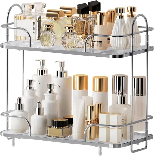 Vista 8 de Organizador de esquina de 2 niveles para encimera de baño, organizador cosmético para el cuidado de la piel, bandeja de perfume para encimera