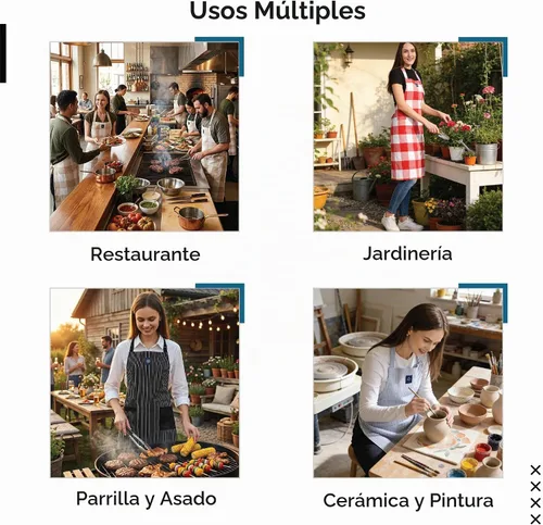 Vista 2 de Encasa XO Delantales de cocina de algodón para mujeres y hombres con bolsillo y bucle para toalla, correa ajustable para cuello y espalda