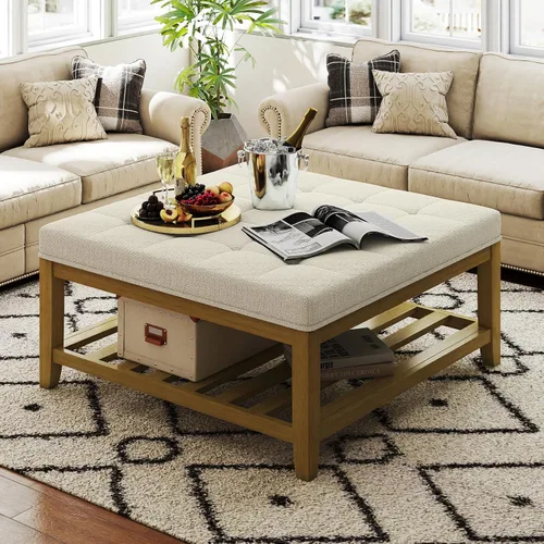 Vista 19 de Otomana con banco de almacenamiento, mesa de centro otomana de lino, gris oscuro Solid frame for added stability, 3.2-inch storage ottoman cushion
