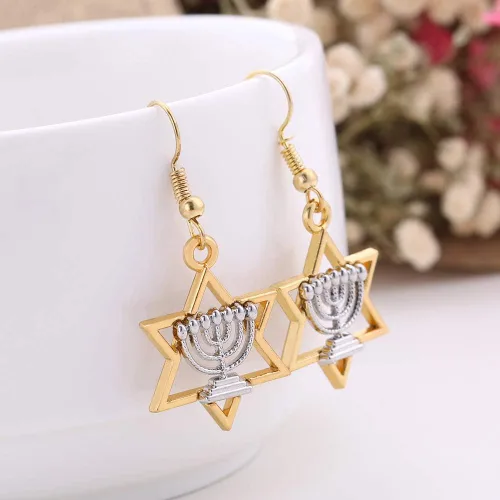 Vista 2 de Pendientes de estrella de David Hanukkah aretes de menorá para mujer joyería judía Hanukkah para mujer