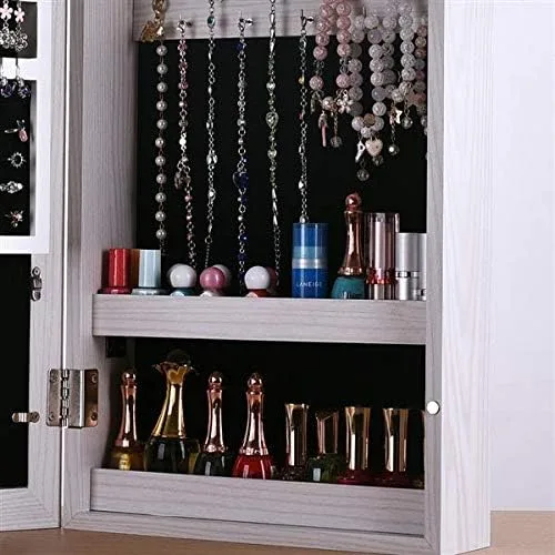 Vista 7 de Armarios de madera para colgar con marco de fotos, armario de joyería con cerradura con espejo interior, caja organizadora de joyas para ahorrar
