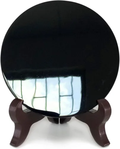 Vista 6 de Polar Jade Espejo de adivinación de obsidiana negra (3.543 in / 3.5 pulgadas con soporte de madera) Espejo de obsidiana negra pulida con soporte