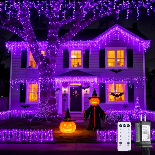 Vista 28 de JMEXSUSS 400 luces LED de Navidad de carámbano de 38.8 pies con control remoto, tira de luces multicolor para exteriores enchufables, 8 modos