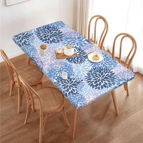 Vista 10 de Fiokroo Mantel de Flores de Crisantemo Azul, Amarillo y Azul Marino con Borde Elástico, Mantel Redondo Lavable y Reutilizable Cubierta de Mesa