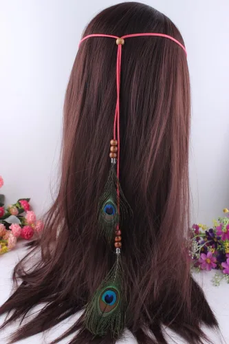 Vista 2 de Eliffete Diadema de plumas de pavo real para mujer, estilo bohemio, con borlas