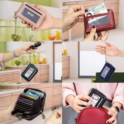 Vista 7 de Tapp Collections Tarjetero RFID para tarjetas de crédito, cartera pequeña de cuero con cremallera para tarjetas con ventana de identificación