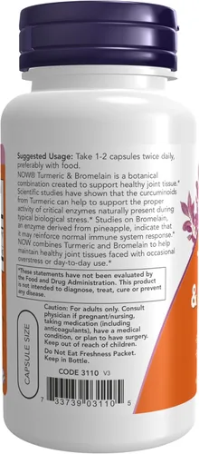 Vista 3 de NOW Suplementos, cúrcuma y bromelina (extracto de cúrcuma estandarizado) con bromelina 2400 GDU/g, 90 cápsulas vegetales
