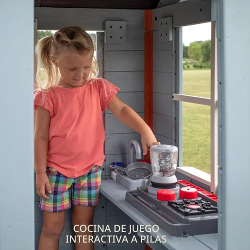 Vista 9 de Backyard Discovery Beacon Heights - Casa de juegos elevada de madera de cedro para niños con tobogán ondulado, cocina de juegos, cubierta