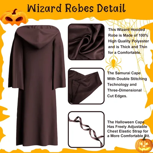 Vista 3 de 28C Halloween Tunic Hooded Robe Halloween Cosplay Costume Robe Fancy Cool Halloween Cloak Cape for Adult,Kid,Men,Women Black