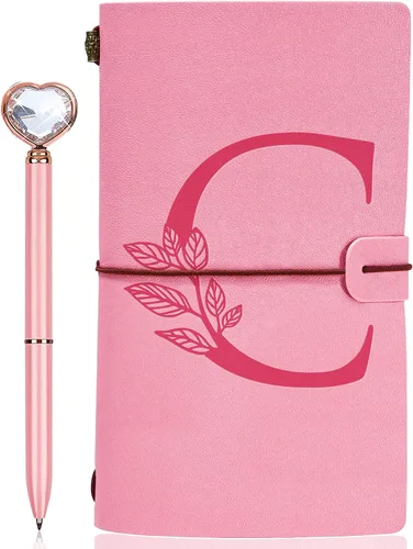 Vista 17 de Diario personalizado para regalo, diario de cuero con inicial rosa + juego de bolígrafo de corazón de diamante, cuaderno de viaje, bloc de notas