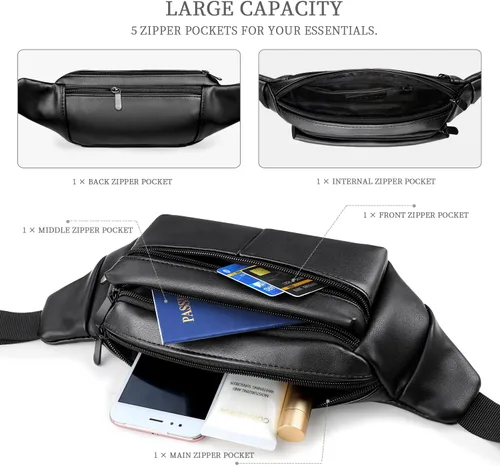 Vista 5 de Riñoneras de cuero para mujer, cangurera negra a la moda para hombres, niñas y niños, unisex de talla grande, bolsa cruzada de cintura linda, bolsa