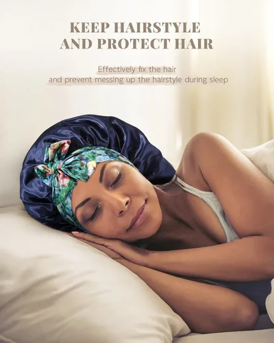 Vista 2 de Gorro largo de satén para trenzas, capó de seda para dormir, banda elástica para mujeres negras, cabello rizado