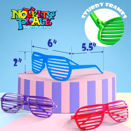 Vista 3 de Novelty Place Paquete de 12 lentes de sol, lentes de sol, lentes de plástico de color neón para niños y adultos, accesorios de fiesta de los años 80