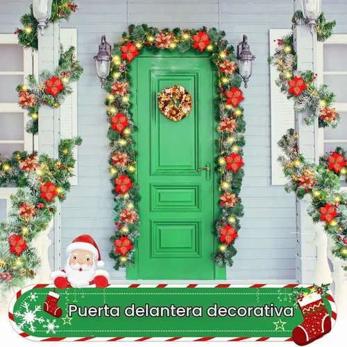 Vista 3 de Guirnalda de Navidad, guirnalda de Navidad con luces, decoración de Navidad, flores artificiales de ratán de 9 pies, decoración de Navidad