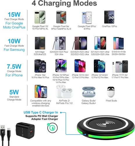 Vista 7 de Pixel 10 Teléfono Android Cargador inalámbrico Pad Soporte de carga rápida para Google Pixel 10 10 Pro 10 Pro XL 9 8 7,15W Estación de carga
