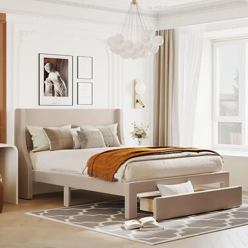 Vista 13 de VilroCaz Cama de plataforma suave de terciopelo de tamaño matrimonial de 52 pulgadas de alto y decoración de remaches, cama con plataforma