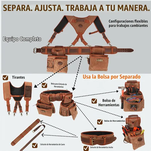 Vista 4 de Tourbon Cinturón de herramientas para carpintería resistente con tirantes desmontables de lona acolchada para enmarcadores de construcción