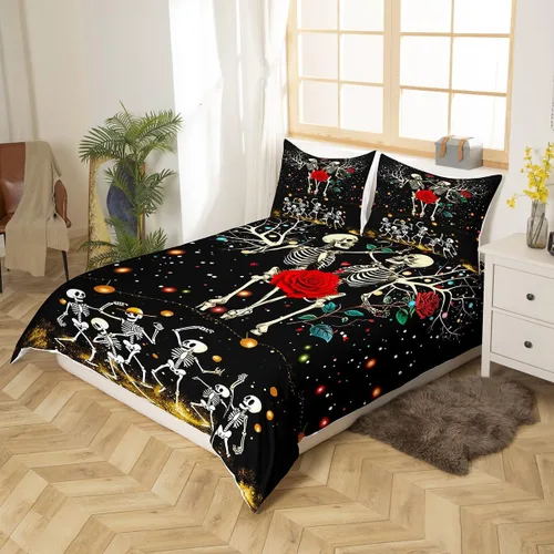 Vista 2 de Juego de funda de edredón de esqueleto, tamaño individual, estampado de flores de esqueleto humano, juego de ropa de cama con temática de Halloween