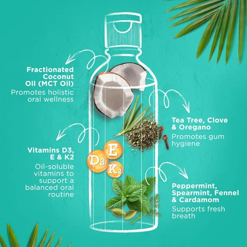 Vista 7 de GuruNanda Enjuague bucal con extracción de aceite CocoMint tamaño de viaje, 7 aceites esenciales y vitaminas, promueve el aliento fresco y encías
