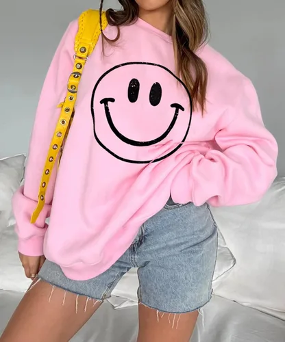 Vista 2 de Cioatin Sudadera de forro polar de gran tamaño para mujer, con estampado de sonrisa, cuello redondo, hombros caídos, ajuste holgado