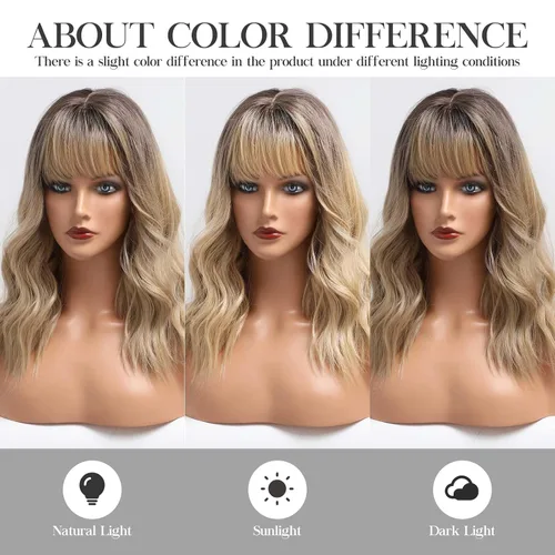 Vista 7 de HAIRCUBE Pelucas de color marrón a rubio con flequillo, pelucas sintéticas de cabello rizado, pelucas de cabello largo ondulado natural resistente