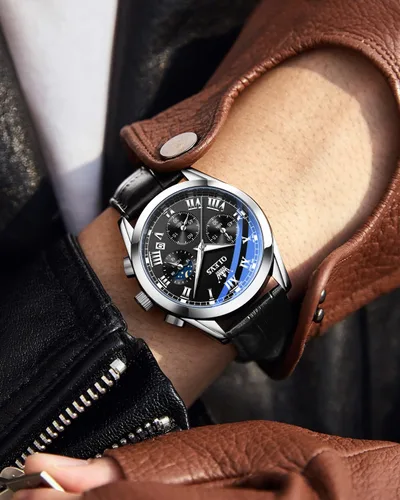 Vista 5 de OLEVS Reloj para hombre cuero marrón moda cronógrafo reloj luminoso impermeable casual relojes de pulsera