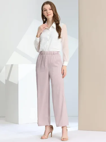 Vista 3 de Allegra K Pantalones de satén con nudo y cintura ancha para mujer