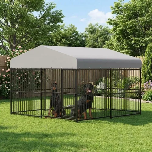 Vista 9 de GarveeTech Jaula para perros de 8 x 4 x 6 pies, jaula de metal resistente con cubierta superior impermeable, cuenco de alimentación giratorio