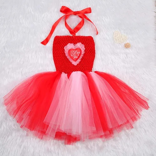 Vista 4 de Disfraz de tutú de tul de manga larga con estampado de corazón de terciopelo para niñas pequeñas, ropa de San Valentín