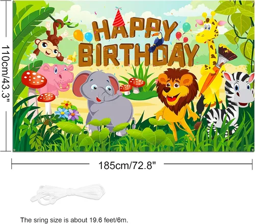 Vista 2 de HOWAF Cartel de tela de feliz cumpleaños para decoración de fiestas temáticas de animales de la selva, decoración de fondo de pared para niños