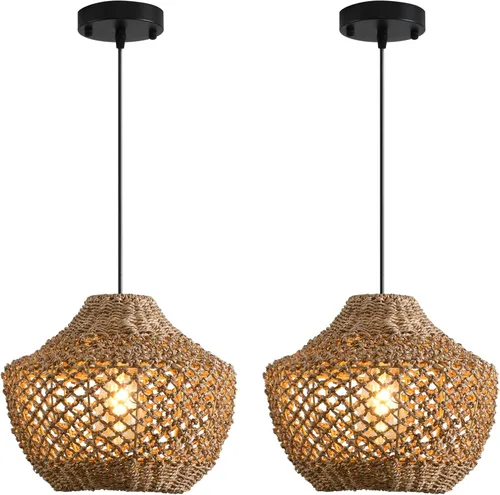 Vista 13 de lámparas colgantes de ratán, luz colgante de ratán boho de 11.02", juego de 2 lámparas colgantes tejidas a mano de seagrass para lugares de trabajo