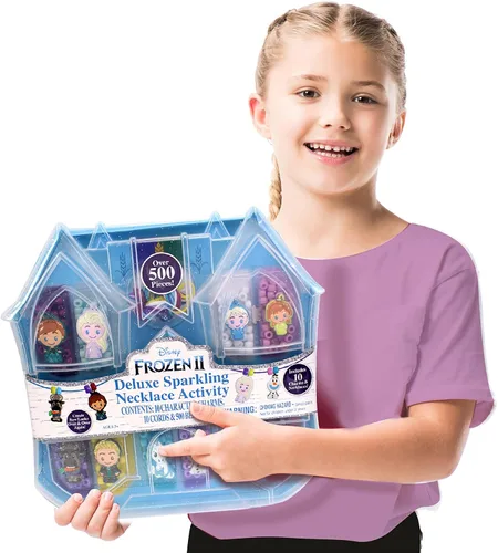 Vista 4 de Tara Toys Kit de collar espumoso de lujo Frozen 2 Design 10 necklaces with 500 beads and glitter charms inside a castle carry case; ideal gift for