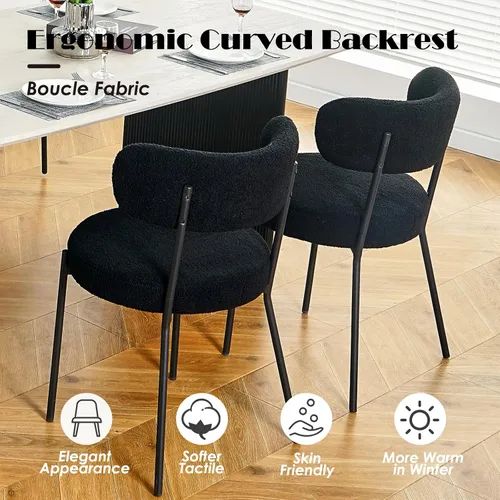Vista 6 de Juego de mesa de comedor ovalada negra moderna de 70.9 pulgadas para 4, mesa de cocina rectangular estilo crema con sillas negras Boucle, juego